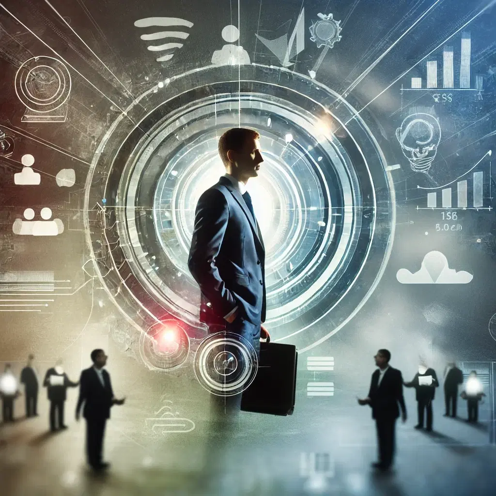 A business analyst in a suit holding a briefcase stands at the center of a glowing portal of business icons and charts, with colleagues talking on either side