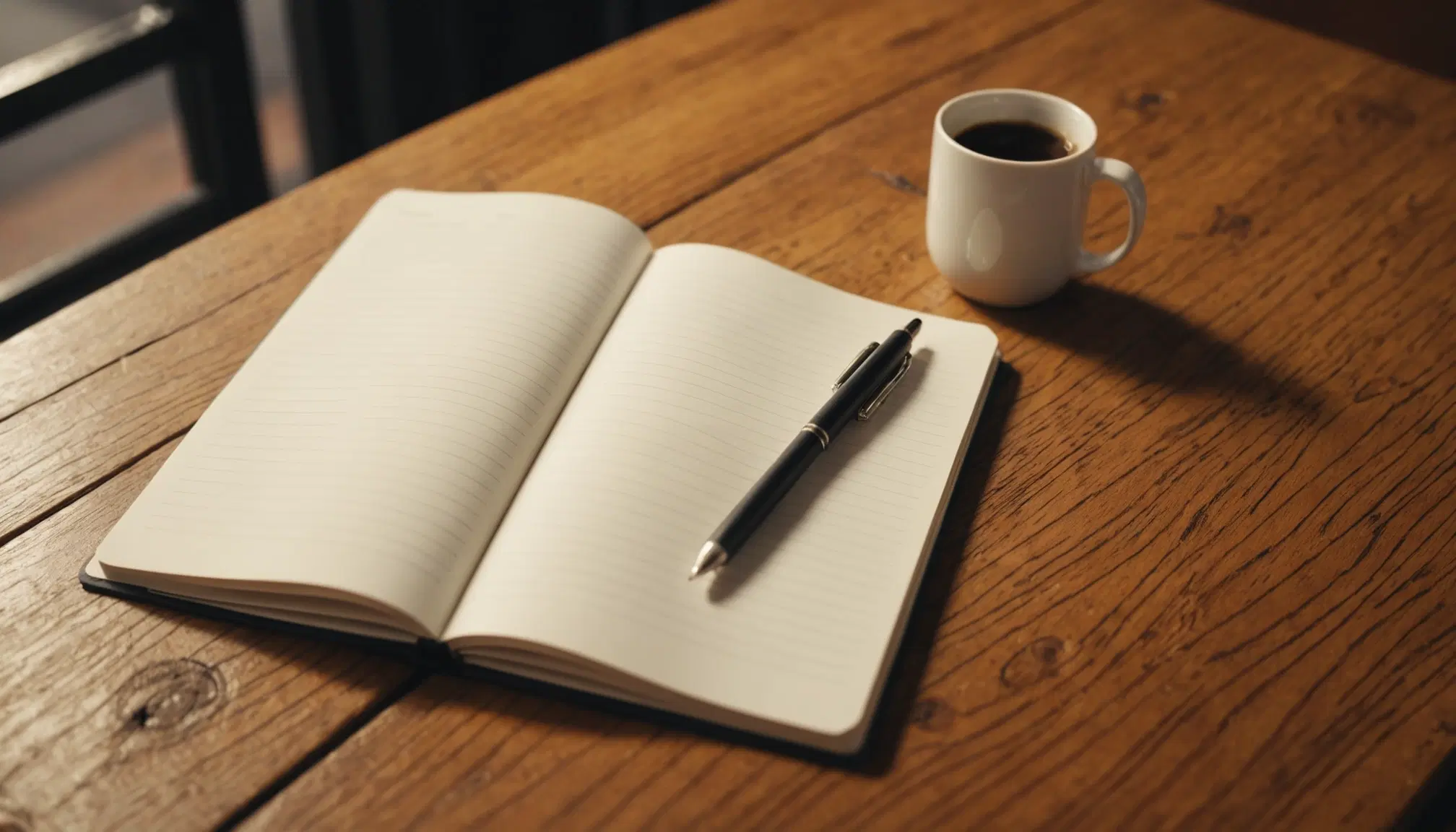 An open notebook with a pen beside a cup of coffee on a wooden table, representing written and visual business analysis documentation