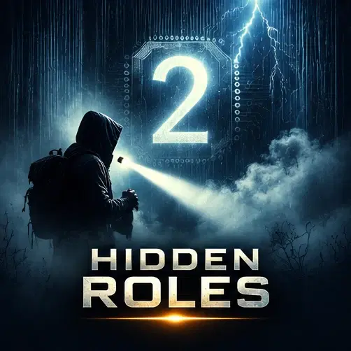 Hidden Roles Part 2 cover art: a hooded figure shining a flashlight through dark fog toward a glowing number 2 on a lightning-struck circuit board