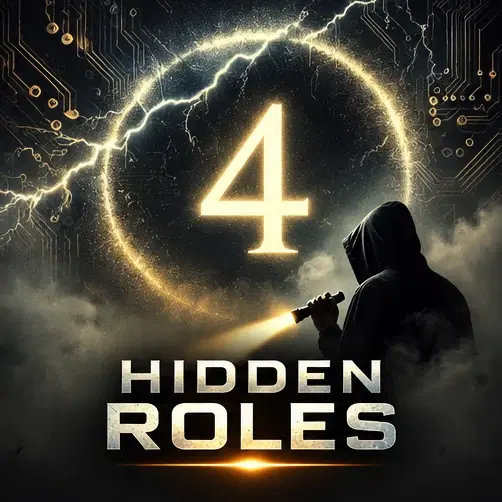 Hidden Roles Part 4 cover art: a hooded figure shining a flashlight through fog beside a glowing number 4 inside a ring of lightning