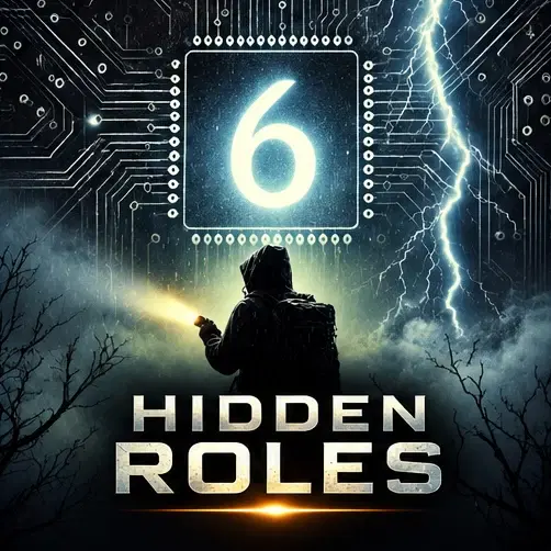 Hidden Roles Part 6 cover art: a hooded figure with a flashlight in stormy fog beneath a glowing number 6 on a circuit-board chip