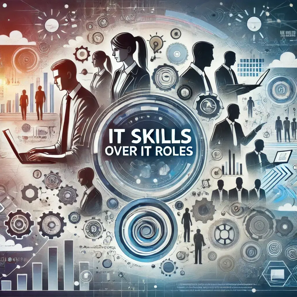 Collage of IT professionals at laptops and presentations surrounded by gears and charts, with the words IT Skills Over IT Roles at the center